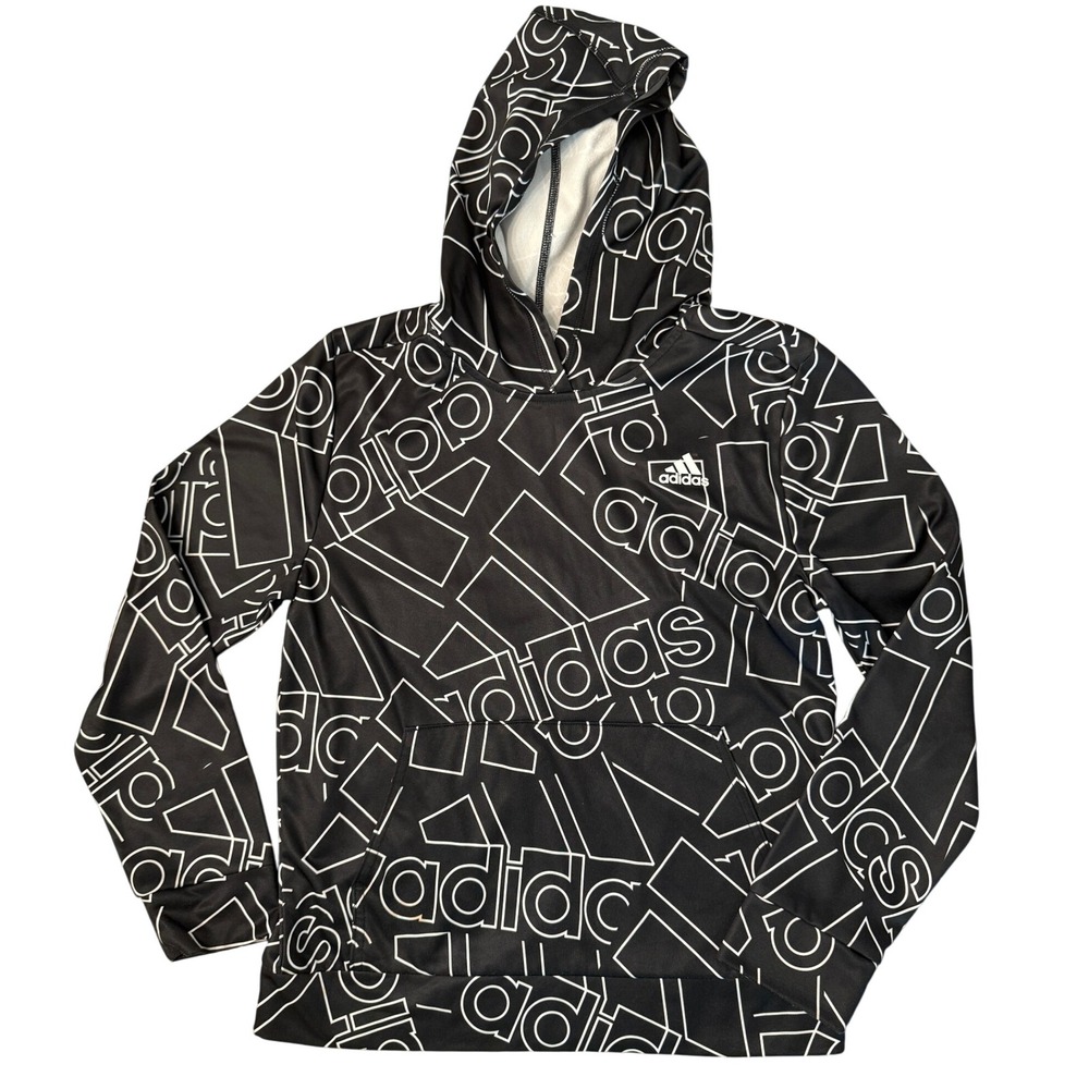 Adidas‎ Kids Hoodie L (14/16) Black White Logo Pullover Sweatshirt